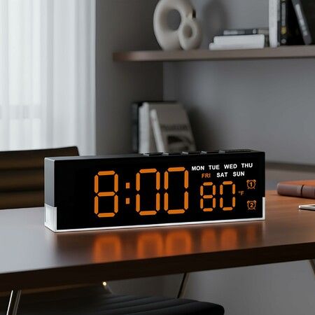 7-Inch LED Digital Alarm Clock with Bottom Glow Light Displays Time,Date, Day,Temperature Dual Alarms,DST,Auto/Manual 3-Level Brightness,Orange