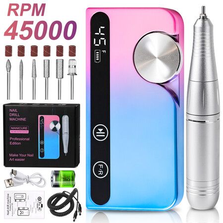 45000RPM Rechargeable Nail Drill Professional Low Noise Polishing Nail Machine Suitable for Gel Nail Polish Polishing Tool Color Multicolor