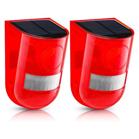 2 Pack Solar Sound and Light Alarm Motion Sensor 129dB Outdoor Security Siren 6 LED Flash Warning Strobe System for Home Farm (Red)
