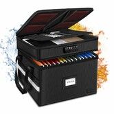 Fireproof Document Box with Lock,2-Layer File Box Storage Organizer with 5 Tabs,Insert,Portable File Cabinet Box with Handle for Hanging Letter,Black