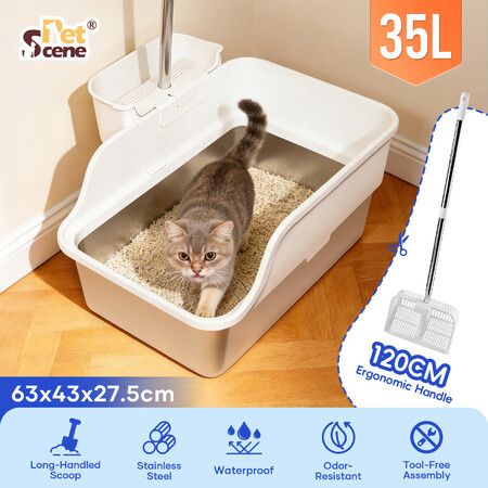 Stainless Steel Cat Litter Box 35L Large High Sided Metal Kitty Potty Pan Tray Kitten Indoor Pet Toilet Training Furniture 120cm Long Handle Scoop