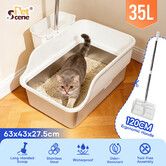 Stainless Steel Cat Litter Box 35L Large High Sided Metal Kitty Potty Pan Tray Kitten Indoor Pet Toilet Training Furniture 120cm Long Handle Scoop