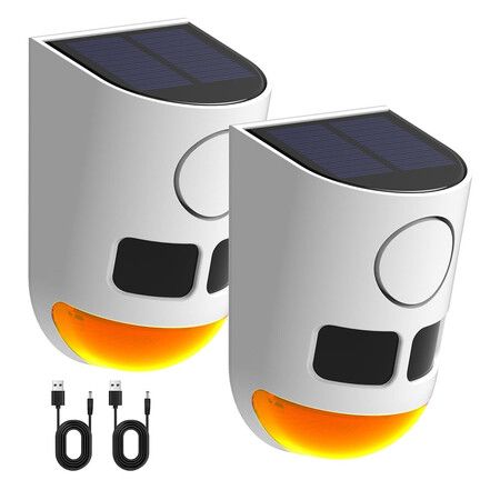 2 Pack Solar Motion Sensor Alarm,4 Working Mode Dog Barking Motion Activated Alarm 129dB Loud Sound Noise Maker with Strobe Light for Yard Farm Garden