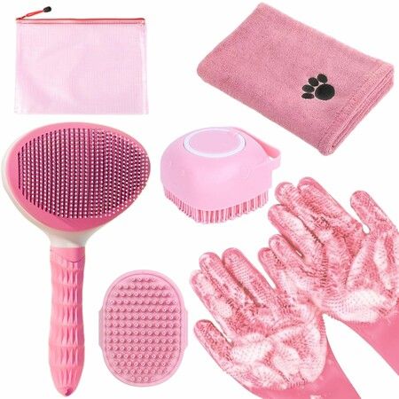 Pet Bath Brush Kit With Towel Washing Gloves,6 in 1 Bag Slicker Hair Grooming Brush for Shedding,Shampoo Scrubber For Dogs Cats Bath