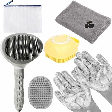 Pet Bath Brush Kit With Towel Washing Gloves,6 in 1 Bag Slicker Hair Grooming Brush for Shedding,Shampoo Scrubber For Dogs Cats Bath