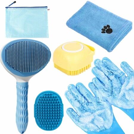 Pet Bath Brush Kit With Towel Washing Gloves,6 in 1 Bag Slicker Hair Grooming Brush for Shedding,Shampoo Scrubber For Dogs Cats Bath