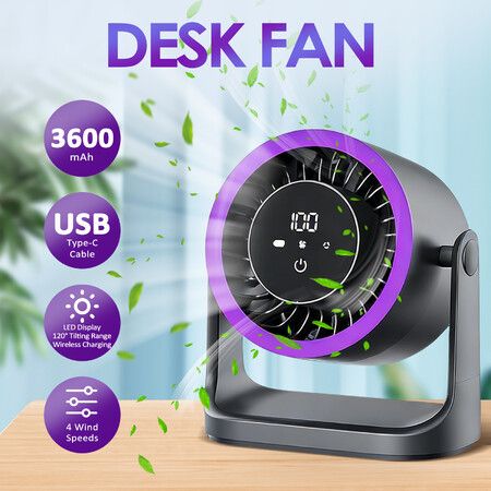 USB Desk Cooling Fan Table Wall Mounted Air Cooler Circulator 4 Speeds 3600mAh Rechargeable Battery LED Touch Screen Wireless Charging Pad Home Office