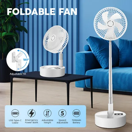 Folding USB Fan Desk Table Floor Stand 5 Speed Air Cooler Circulator 7200mAh Portable Power Bank Rechargeable Battery Pedestal Cooling Bedroom Camping