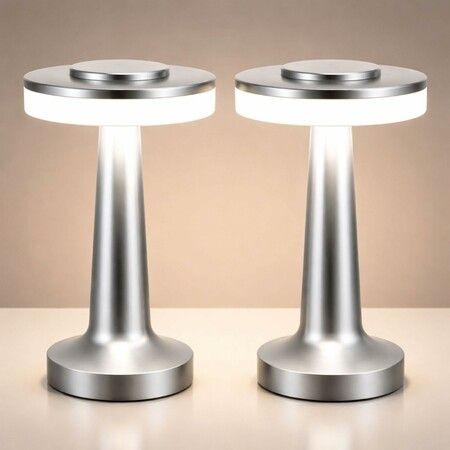 2 Pack LED Portable Cordless Table Lamp with Touch Sensor 3 Color Stepless Dimming Rechargeable Cordless Lamp for Bedroom Restaurant Outdoor Silver