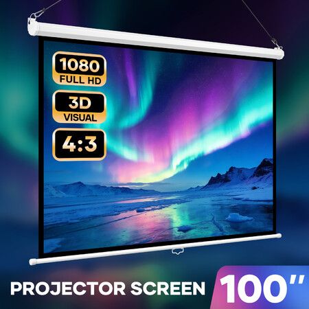 100 Inch Projector Screen 1080P HD Manual Pull Down Retractable Wall Ceiling Mounted Home Movie Cinema Theatre Office Classroom 3D Ready TV Projection