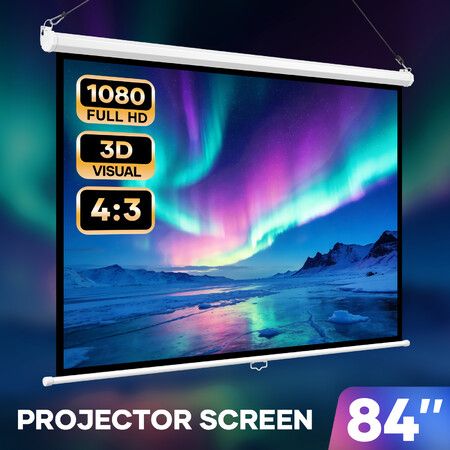 84 Inch Projector Screen Large 1080P 4:3 Ceiling Wall Mounted Pull Roll Up Down TV Projection 3D Ready Home Office HD Video Movie Cinema Theatre