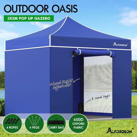 ALFORDSON Gazebo 3x3m Pop Up Marquee 600D Oxford Folding Camping Tent Blue