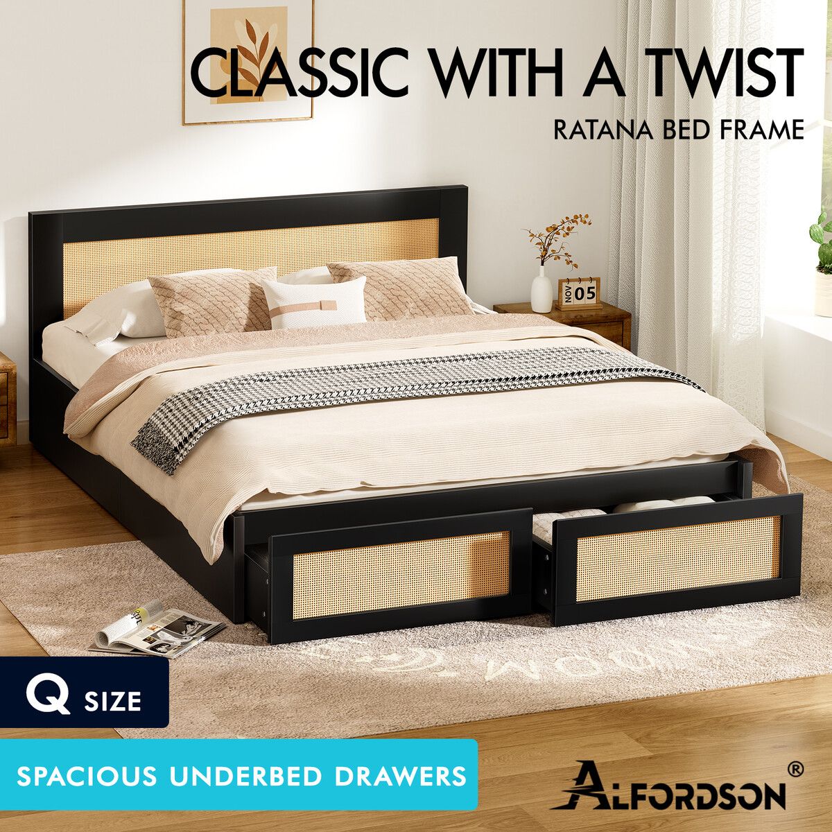 ALFORDSON Wooden Bed Frame Queen Size Rattan Bed Base with Storage ...