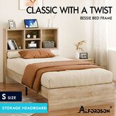 ALFORDSON Wooden Bed Frame Single Size Base with Bookshelf Storage Headboard Oak