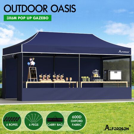 ALFORDSON Gazebo 6x3m Pop Up Marquee 600D Oxford Folding Camping Tent Navy