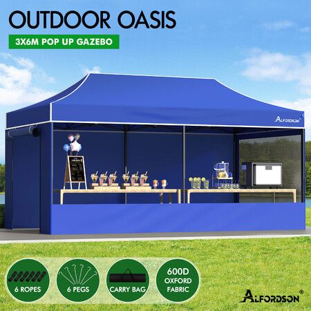 ALFORDSON Gazebo 3x6m Pop Up Marquee Camping Folding Tent 600D Oxford Blue