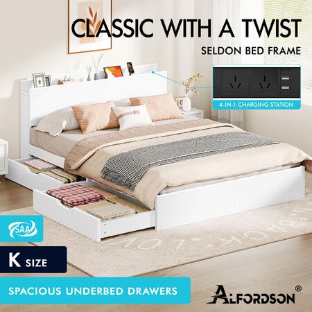 ALFORDSON Wooden Bed Frame King Size with Charging Station & 2 Drawers White