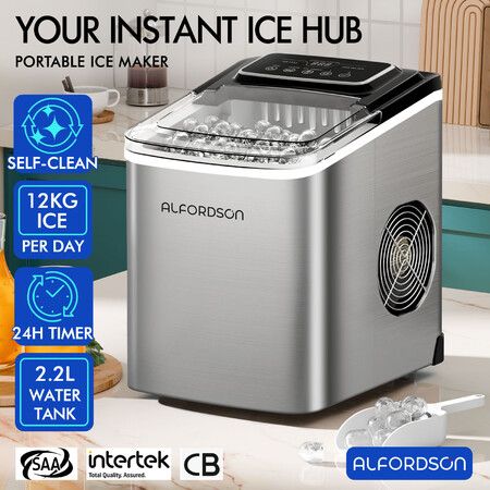 ALFORDSON Portable Ice Maker Machine Commercial 12kg 24hour Timer 2.2L Silver