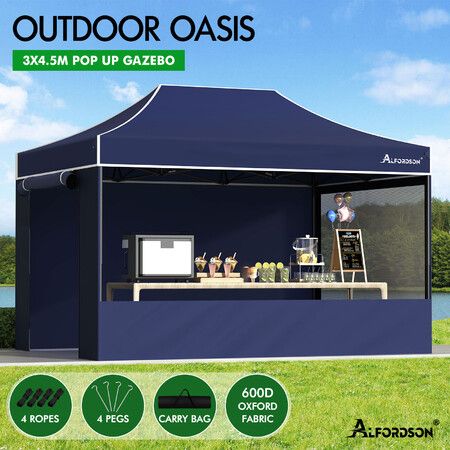 ALFORDSON Gazebo 4.5x3m Pop Up Marquee 600D Oxford Folding Camping Tent Navy