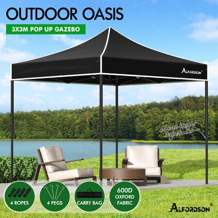 ALFORDSON Gazebo 3x3m Pop Up Marquee 600D Oxford Folding Outdoor Tent Black