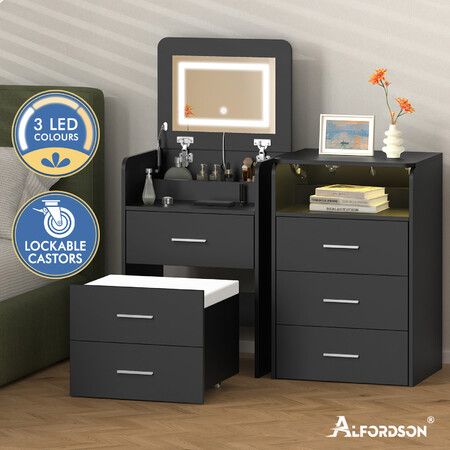 ALFORDSON 2x Dressing Table Stool Set 2-In-1 Makeup Mirror Vanity Desk Black