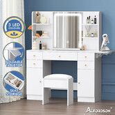ALFORDSON Dressing Table Stool Set Makeup Mirror LED Vanity Desk 5 Drawers White
