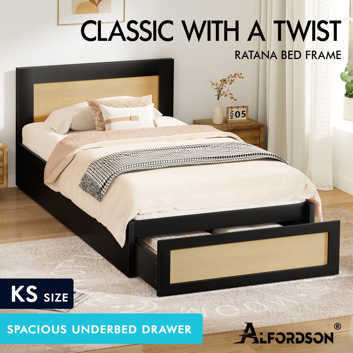 ALFORDSON Wooden Bed Frame King Single Rattan Bed Base with Storage ...