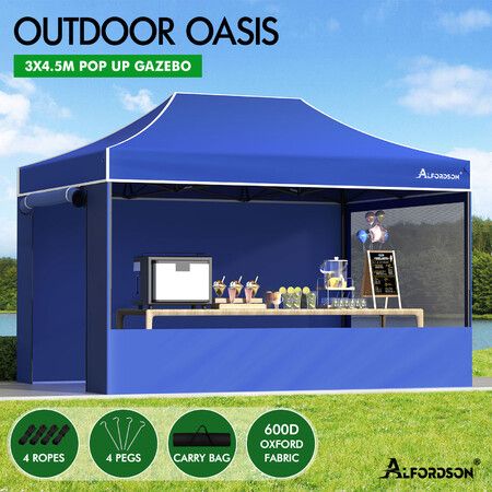 ALFORDSON Gazebo 4.5x3m Pop Up Marquee 600D Oxford Folding Camping Tent Blue