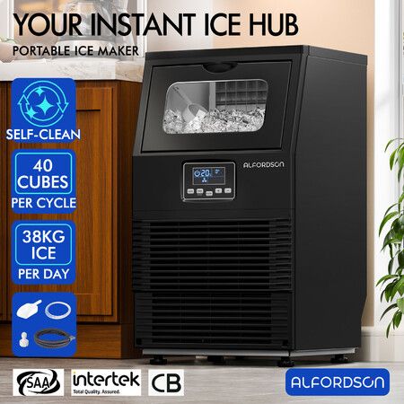 ALFORDSON Commercial Ice Maker Machine 38kg Ice Cube Stainless Steel Black