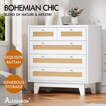 ALFORDSON 5 Chest of Drawers Rattan Storage Cabinet Dresser Tallboy White
