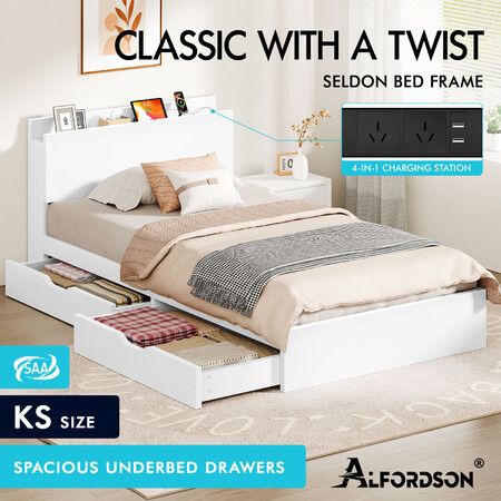 ALFORDSON Wooden Bed Frame King Single with Charging Station & 2 Drawers White