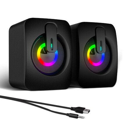RGB Computer Speakers, USB Powered PC Speakers with 7 Color LED Backlight, 3.5mm Aux Compact Soundbar for Desktop, Laptop, Tablet, Crisp Audio