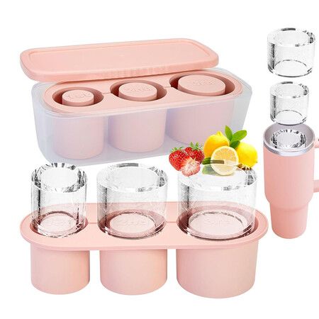 Tumbler Ice Tray for Stanley, Yeti, Simple Modern etc, 40oz Tumblers, Silicone Ice Cube Tray for Tumblers with Bin and Lid, Pink