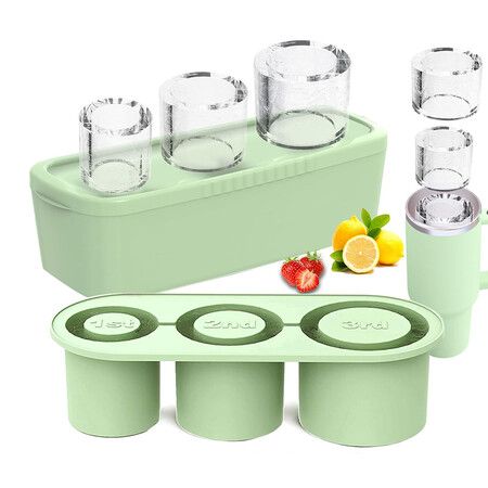 Tumbler Ice Tray for Stanley, Yeti, Simple Modern etc, 40oz Tumblers, Silicone Ice Cube Tray for Tumblers with Bin and Lid, Green