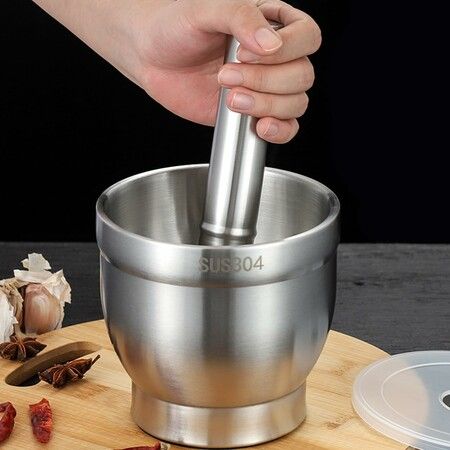 Stainless Steel Mortar and Pestle, 5 Inch Polished Food Crusher with Lid, Heavy Duty Pill Crusher, Non-Slip Base Spice Grinder, Herb Crusher
