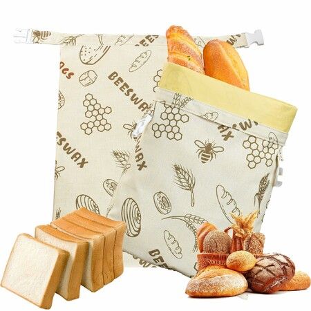 2 Pack Reusable Beeswax Bread Bags for Homemade, Natural Linen Sourdough Bread Storage Bag with Buckle, Large Capacity Food Storage Bag to Keep Fresh