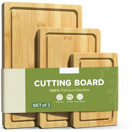 3-Piece Set Bamboo Cutting Board for Kitchen Crack-Resistant Wood Chopping Boards with Deep Juice Grooves,Pre-Oiled Butcher Block