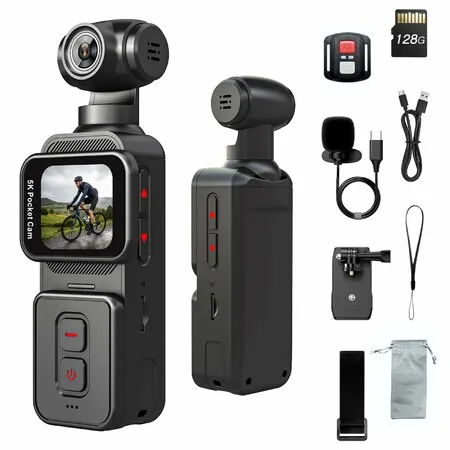5K Pocket Vlogging Camera Body Camera with Microphone,5K/20FPS and 4K/60FPS,270 degree Rotating Lens,Face Tracking,6-Axis Stabilization (128GB)