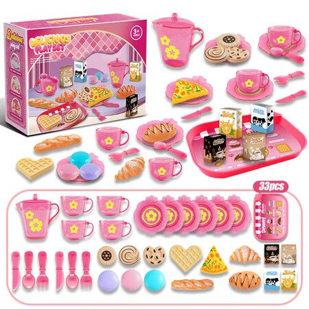 Kids Tea Party Set For Girls,Princess Kitchen Pretend Play Toy With Teapot,Tray,Dessert,Cookies & Pizza,Birthday Gift For Kids Age 3+ Color Pink