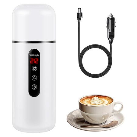 Electric Travel Kettle, 12V/24V Car Coffee Warmer Kettle, Portable Hot Water Boiler, Small Hot Water Heater with Magnetic Induction Stirring, White