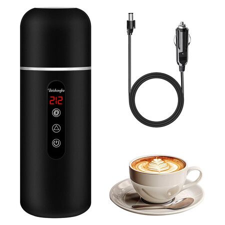 Electric Travel Kettle, 12V/24V Car Coffee Warmer Kettle, Portable Hot Water Boiler, Small Hot Water Heater with Magnetic Induction Stirring, Black