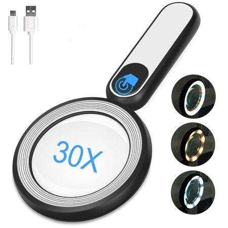 Rechargeable Magnifying Glass with Light,30X 4.7IN Handheld Lighted Magnify Len 21 LED 3 Modes Illuminated Book Magnifier for Senior,Reading,Inspection