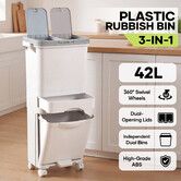 42L 3 Tier Recycling Bin with Wheels Kitchen Dustbin Garbage Pedal Trash Can Compartment Waste Sorter Press Top Lid Removable Buckets for Home Office