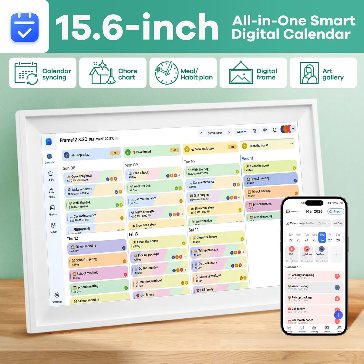 WiFi Wall Digital Calendar Planner 15.6 Inch Chore Chart Family Meal Schedule Organiser Electronic HD IPS Display Video Photo Frame Smart Touch Screen