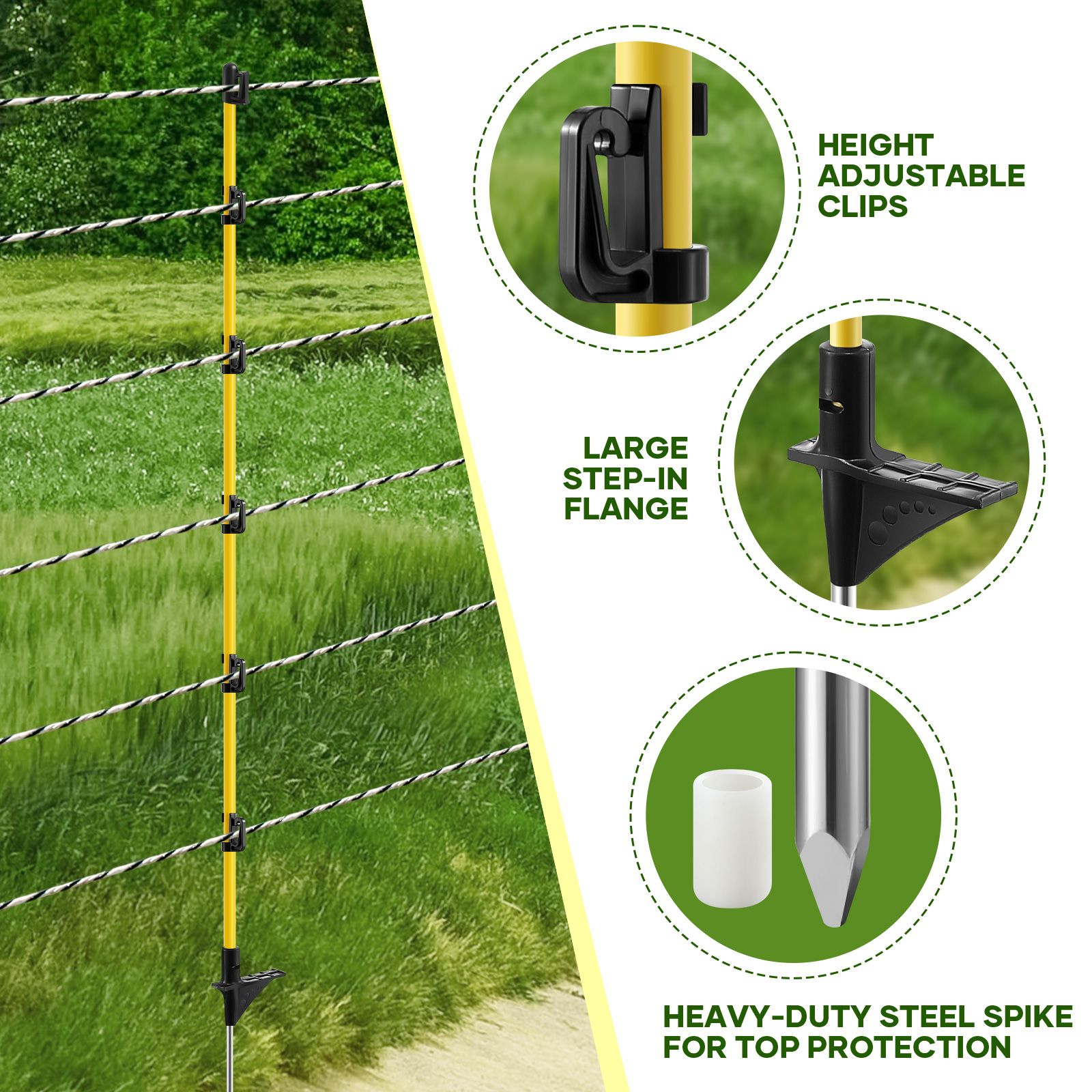Electric Fence Post 20pcs 127cm Tread Step In Wire Temporary Fencing Garden Graze Farm Livestock Cattle Sheep Insulators Poles Fibreglass Adjustable