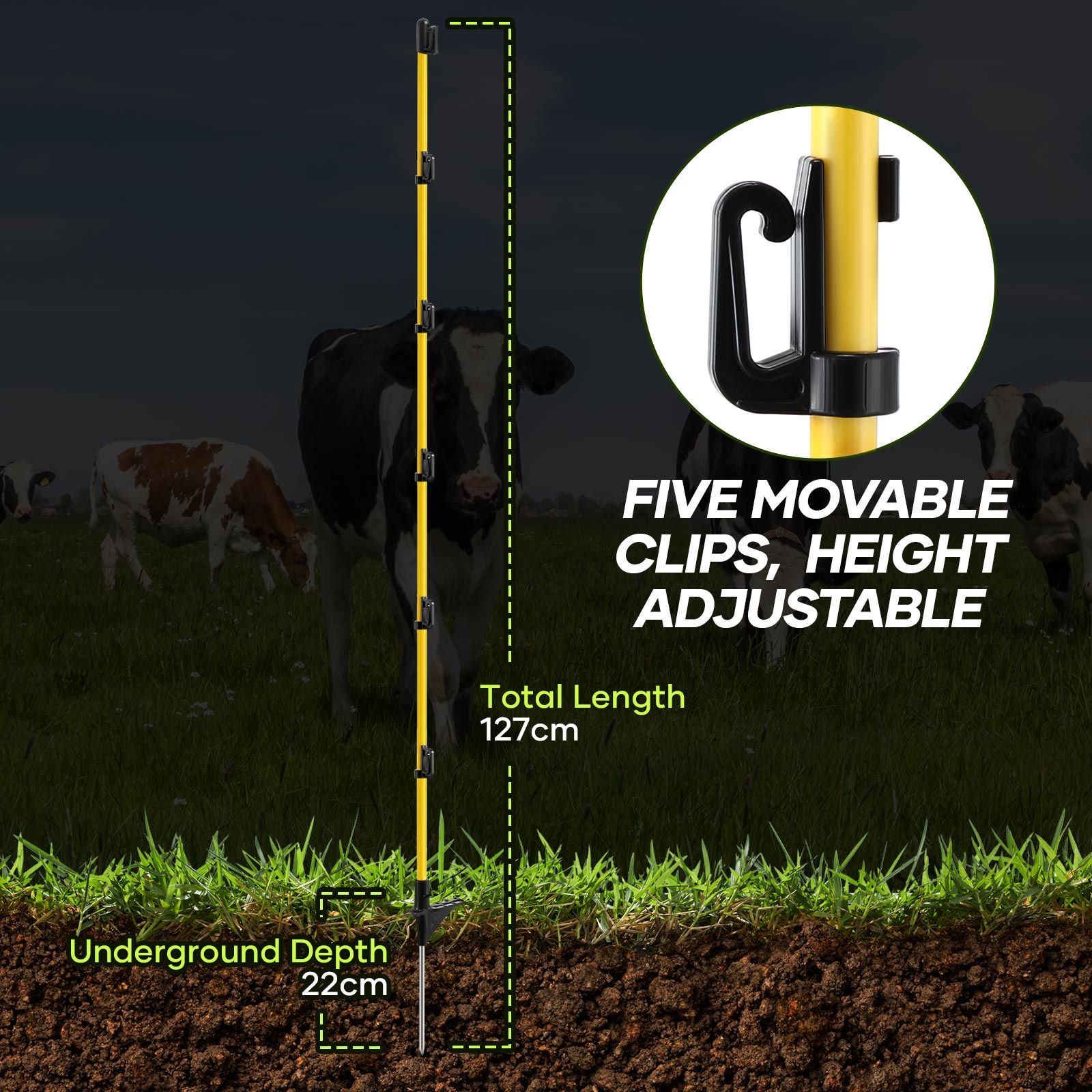 Electric Fence Post 20pcs 127cm Tread Step In Wire Temporary Fencing Garden Graze Farm Livestock Cattle Sheep Insulators Poles Fibreglass Adjustable