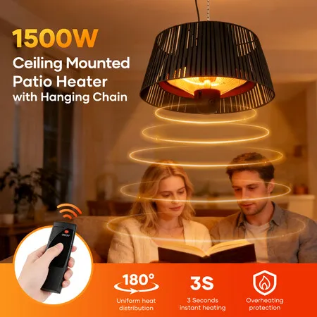 Instant Heater Ceiling Hanging Electric Patio Space Warmer Infrared Heating Room Save Energy Indoor Outdoor Water Resistant 1500W Porch Garage Remote