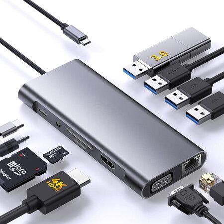 11 in 1 USB C Hub Multiport Adapter, USB C Docking Station with 4K HDMI, VGA 1080P, 100W PD, Ethernet, SD/TF, Audio, USB 3.0 Port, Laptop Dock
