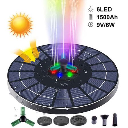 6W Solar Fountain With Colorful Led Lights,Solar Pond Pump With 6 Nozzles,Floating Water Pump For Bird Bath,Garden Fish Tank,Diy Water Feature