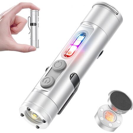 Ultimate Everyday Micro Tool K2 Mini Flashlight with COB Light, 6 in 1 Rechargeable Keychain Torch, Side Lights, Strobe, Magnet, Window Breaker, Silver